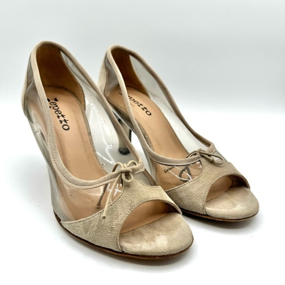 REPETTTO CLEAR SUEDE HEEL SHOE TAN NEUTRAL OPEN TOE  HEELS MADE IN PARIS 37.5 - Picture 12 of 12
